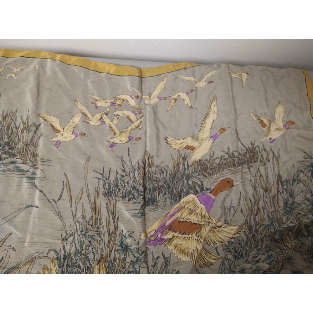 Vintage FILENE'S Ducks Flying Water TANS PURPLE 100% Silk Square Scarf ITALY